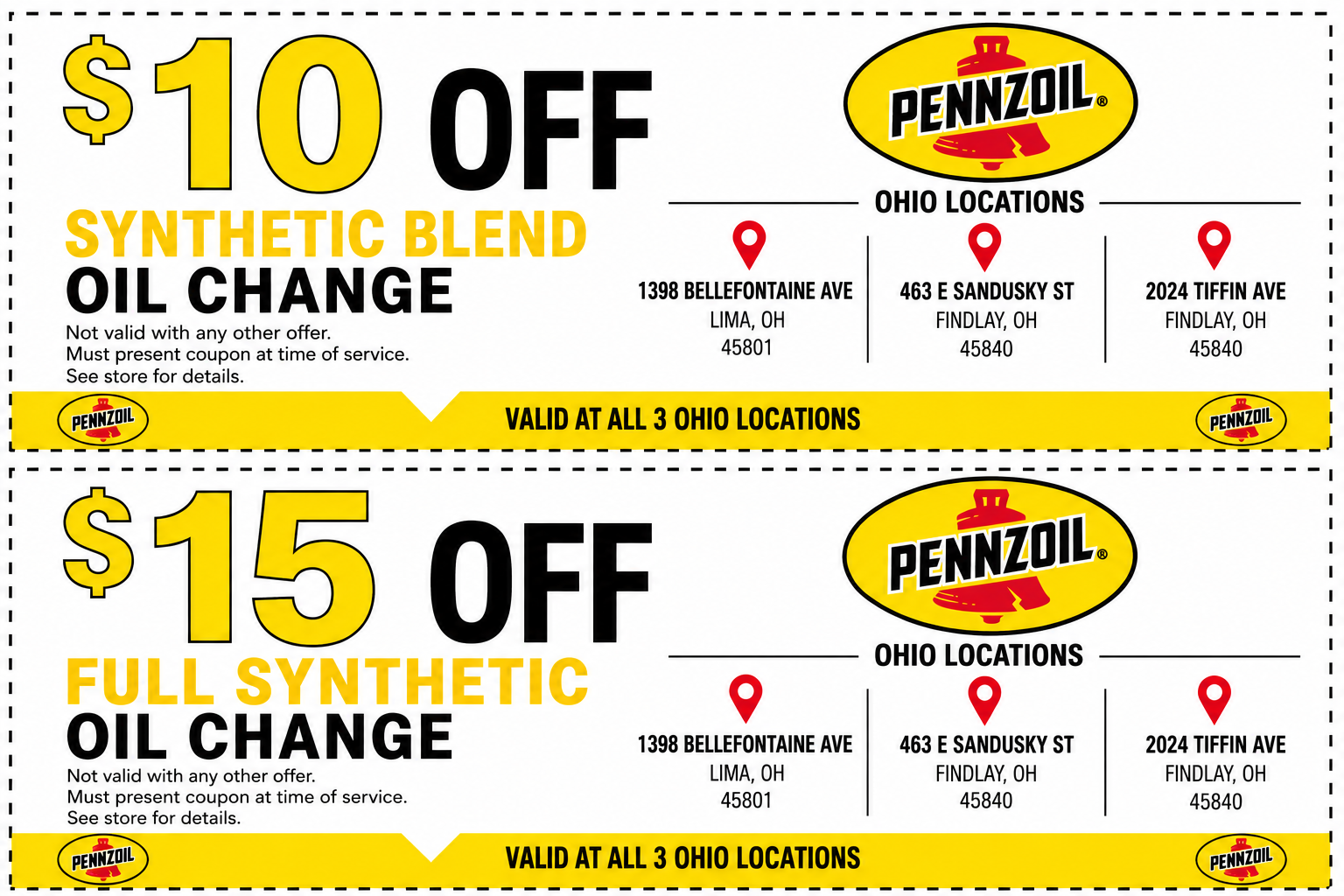 Pennzoil Ohio coupon: ten dollars off a synthetic blend oil change, valid at all three Ohio locations